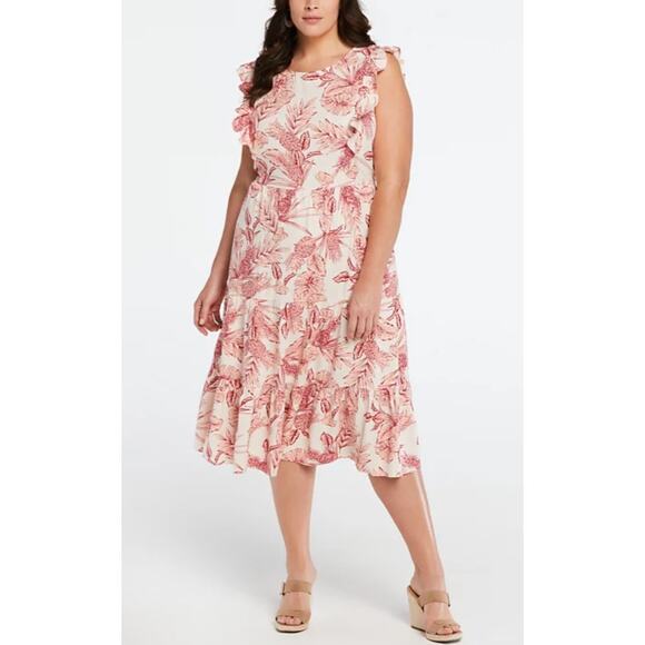 ELLA RAFAELLA WOMENS PLUS SIZE 1X LINEN BLEND MIDI DRESS PEACH BLUSH - Picture 1 of 12